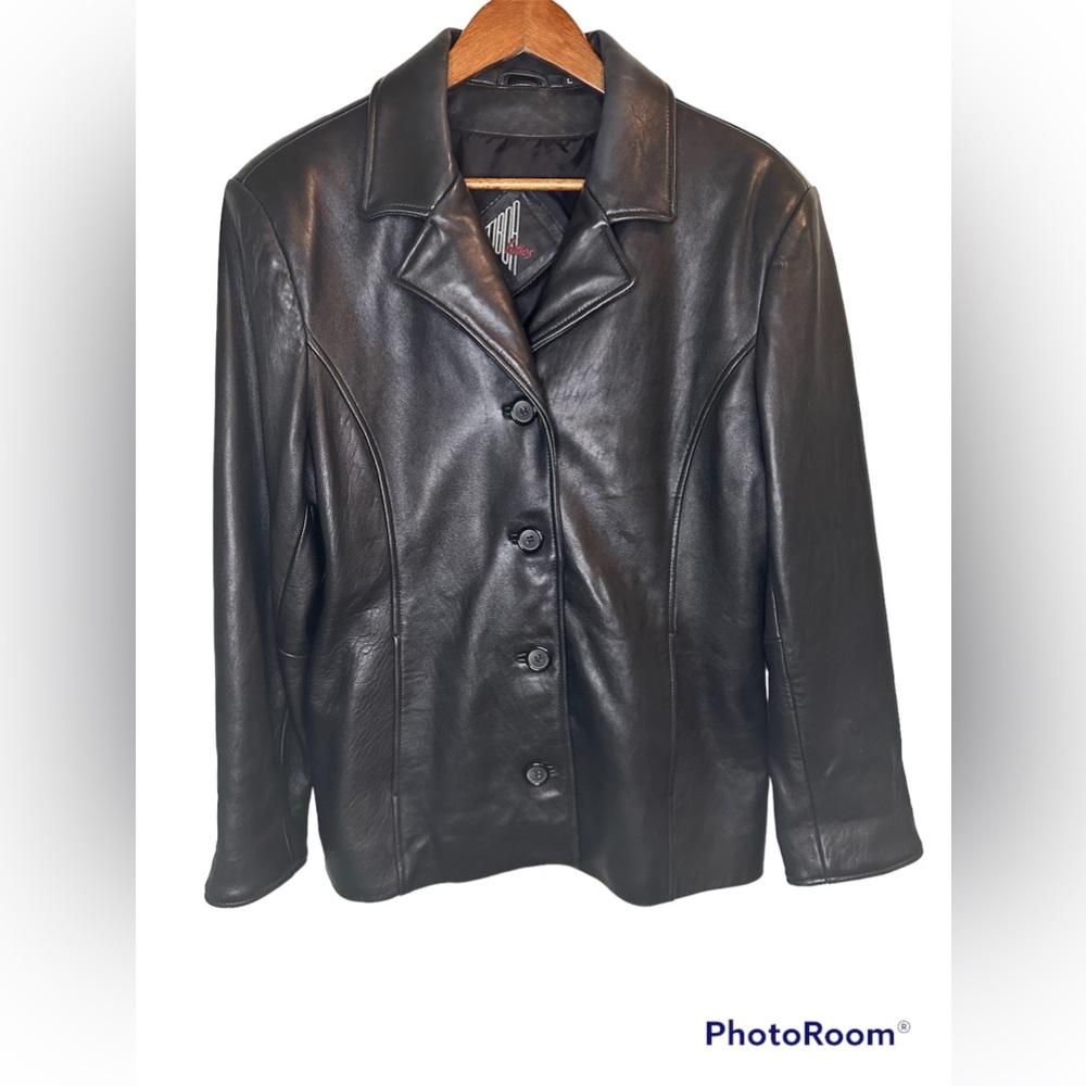 TIBOR Leather Coat Jacket Womens Large Black Butter Soft Lined Button